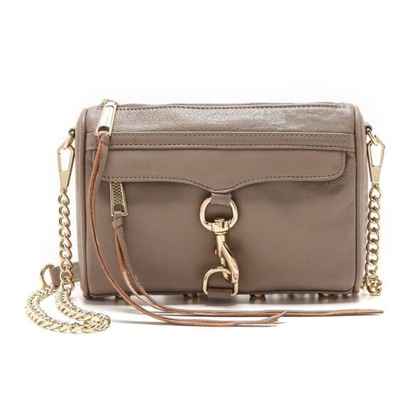 Rebecca Minkoff Mini Mac Crossbody Leather Latch Taupe Gray Designer Purse - Picture 1 of 14